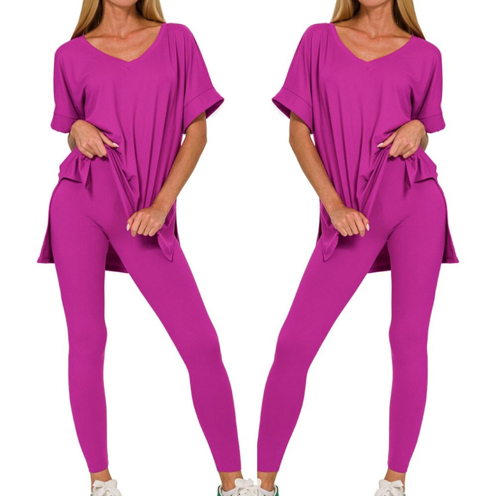 V‑Neck Short-Sleeve Loungewear Leggings Set-Buttery Soft Brushed DTY Microfiber